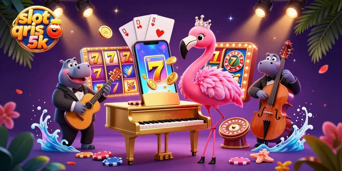 Experience thrilling action with slot qris 5k in this dynamic, colorful casino scene.