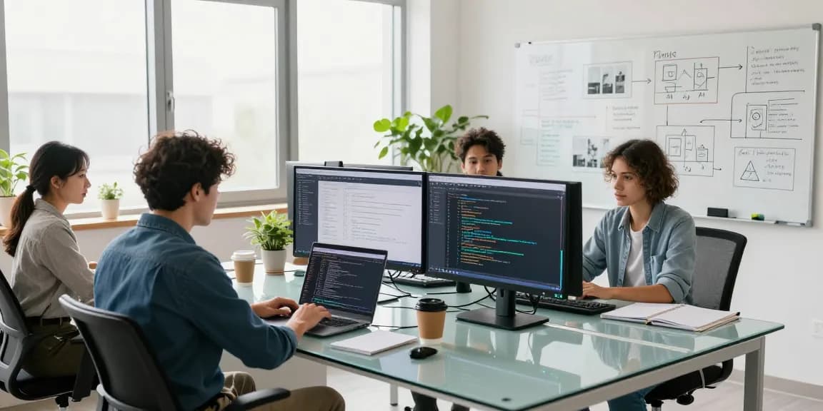 Team collaborating in a modern workspace focused on AI image detector technology development and analysis.