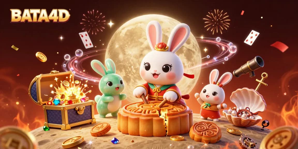 BATA4D moon rabbit cracking mooncakes revealing poker chips in a vibrant casino scene.