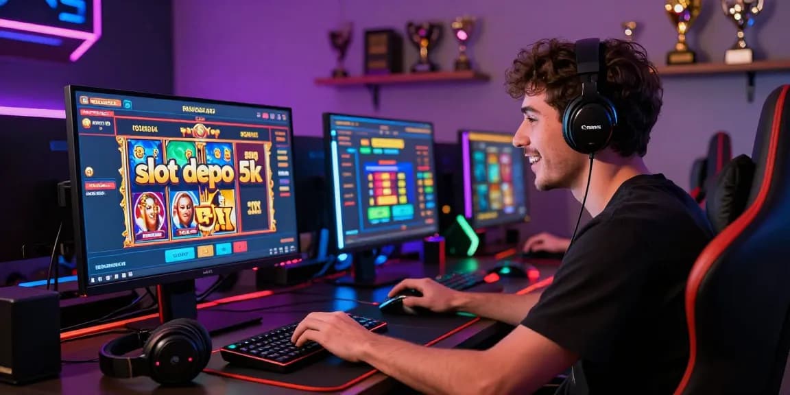 Energetic scene of a player engaging in slot depo 5k online gaming with vibrant interface and gaming accessories.