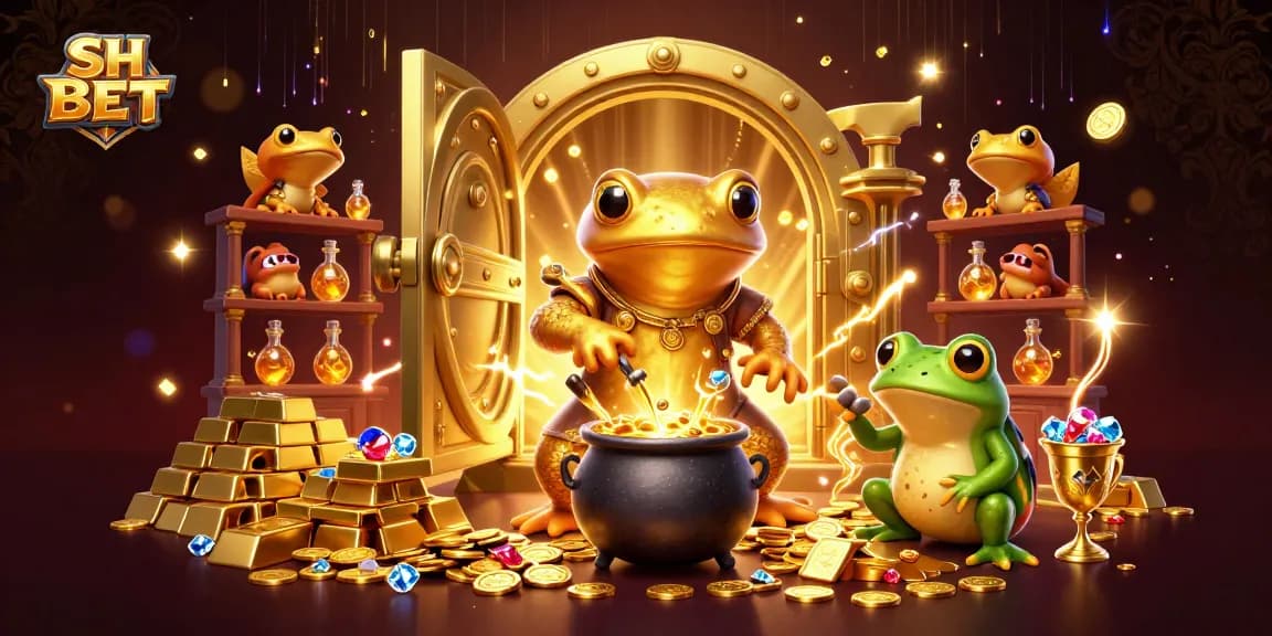 Win big with SH BET in a vibrant casino fantasy scene filled with gold and jewels.