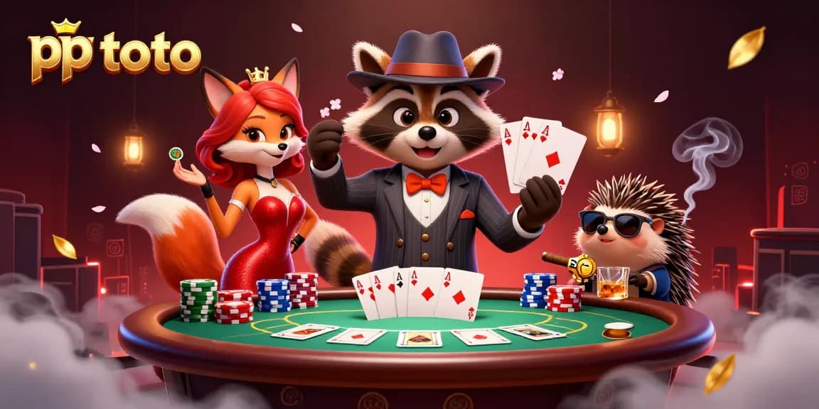 Experience thrilling gameplay with pp toto, featuring a raccoon in a pinstripe suit holding a royal flush at a vibrant poker table.
