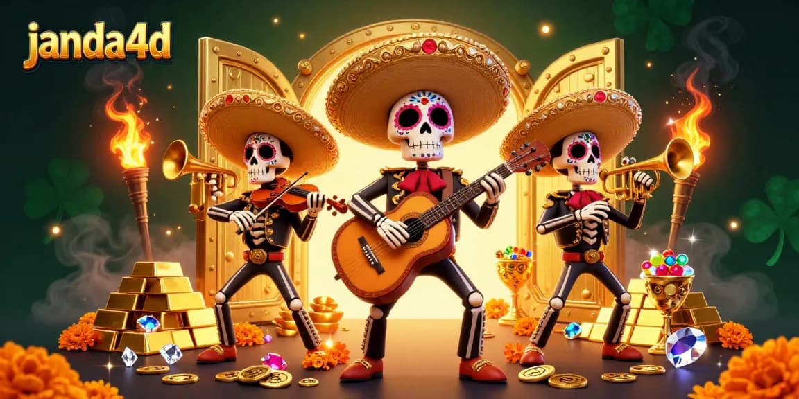 janda4d menampilkan band mariachi dengan kerangka, berlatar belakang kasino, menghidupkan suasana permainan.