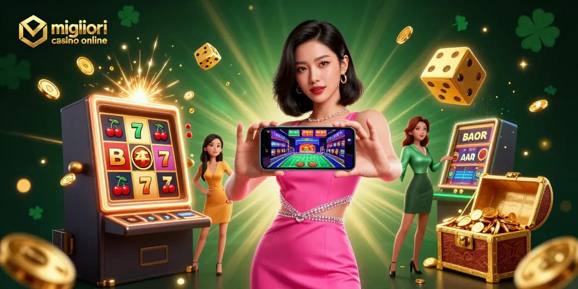 Vivi l'emozione dei migliori casino online con un'illustrazione dinamica di una donna sicura di sé che partecipa a giochi con croupier dal vivo.