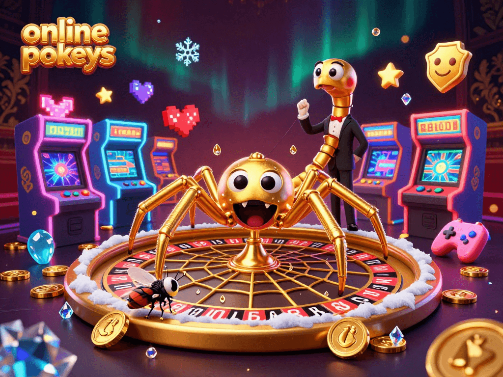 Experience thrilling online pokies gameplay as a golden spider weaves a roulette wheel web in this colorful casino scene.