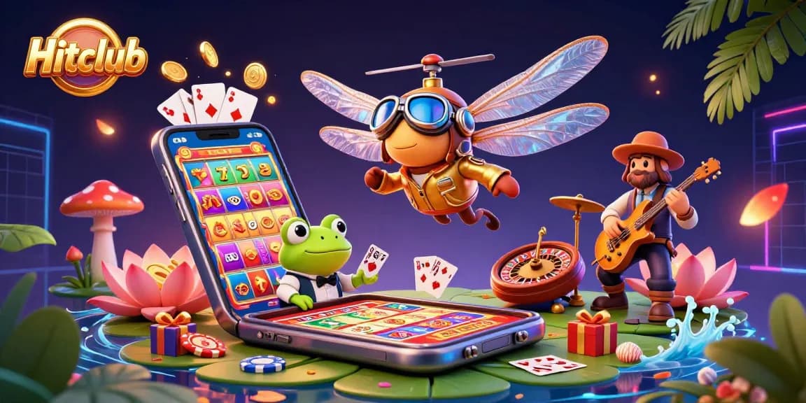 Hitclub engages players with a lively 3D casino illustration featuring vibrant characters and slots excitement.