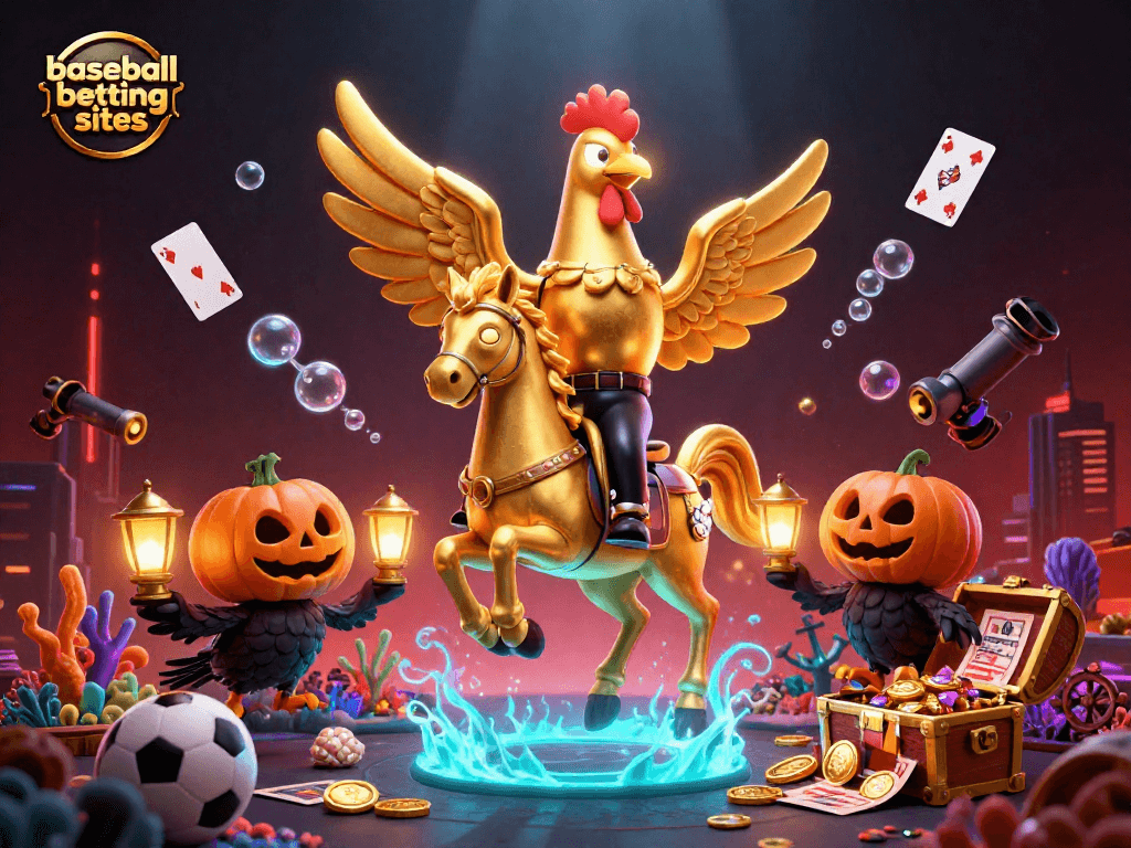 Experience thrilling plays at baseball betting sites with a golden rooster and sports balls in a vivid casino.