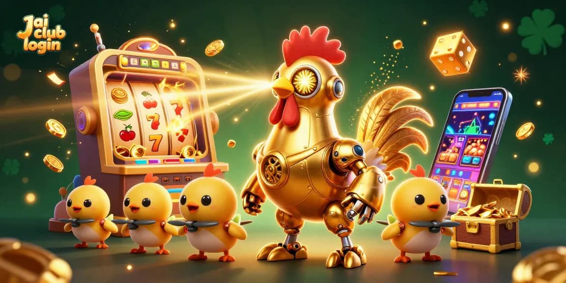 Engage in thrilling gameplay with Jai club login, featuring a vibrant scene of a golden rooster robot amidst casino elements.