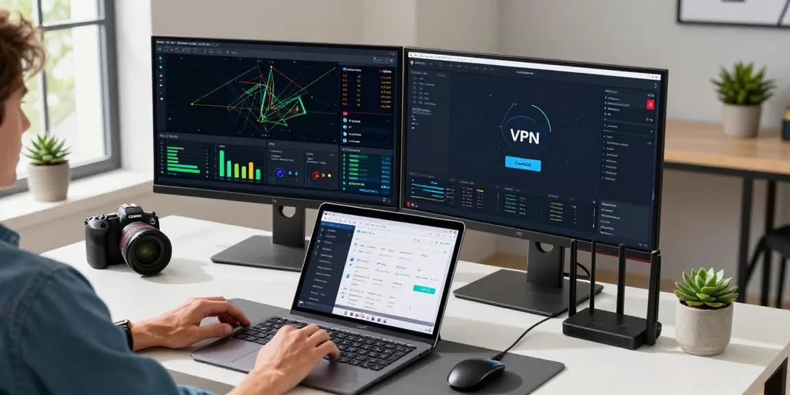 快连 VPN optimization workspace with a developer monitoring network performance analytics and connection graphs in a modern office.