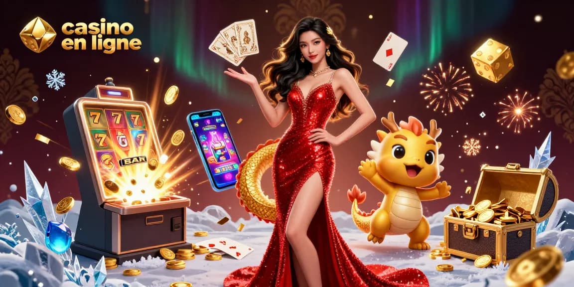 Découvrez une atmosphère de casino en ligne excitante avec une magnifique femme asiatique et un dragon amical au milieu d'éléments de jeu vibrants.