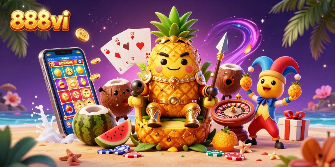 Engage with 888vi's vibrant casino scene showcasing a pineapple king amidst dynamic gaming elements.