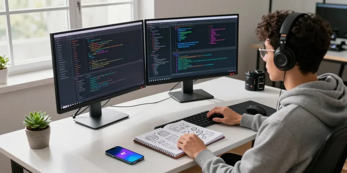 Developer showcasing openclaw skill in a modern tech workspace with dual monitors, coding, and collaboration tools.