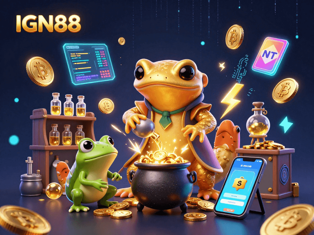 Experience the excitement of IGN88 as a giant salamander alchemist creates gold, surrounded by crypto elements.