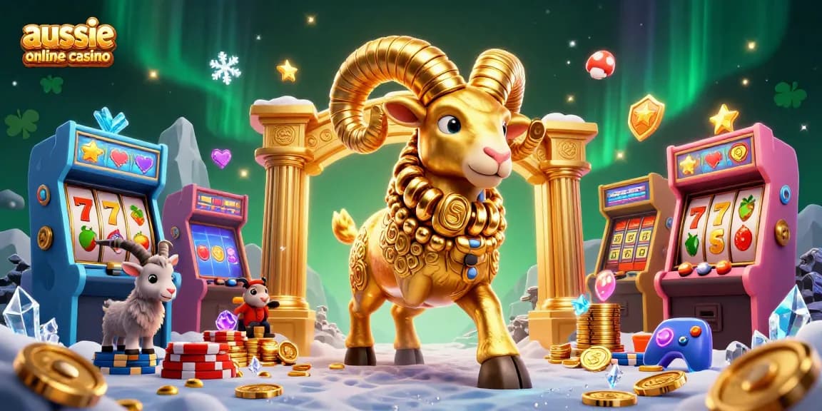 Engage with the vibrant aussie online casino scene featuring a golden ram charging toward fortune with lively gaming elements.