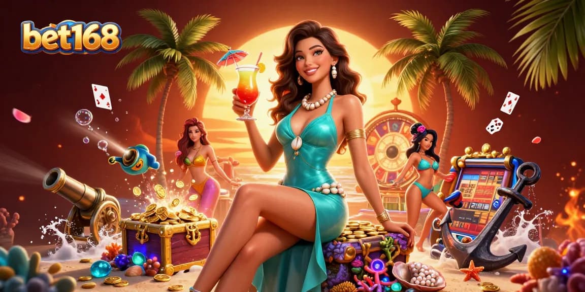 Experience thrilling wins with bet168 at a vibrant beach casino scene featuring glamour and treasure.