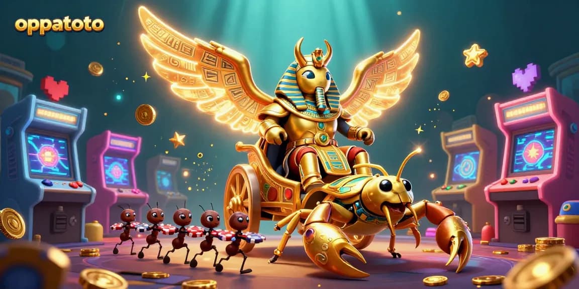 Join oppatoto's adventure with a colossal golden scarab in a vibrant 3D casino scene.