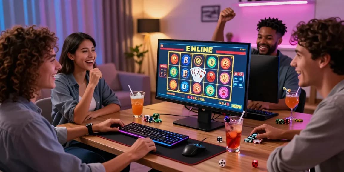 Amis profitant des jeux de casino en ligne sur un ordinateur, ambiance vibrante avec des graphismes colorés et des accessoires de jeu.