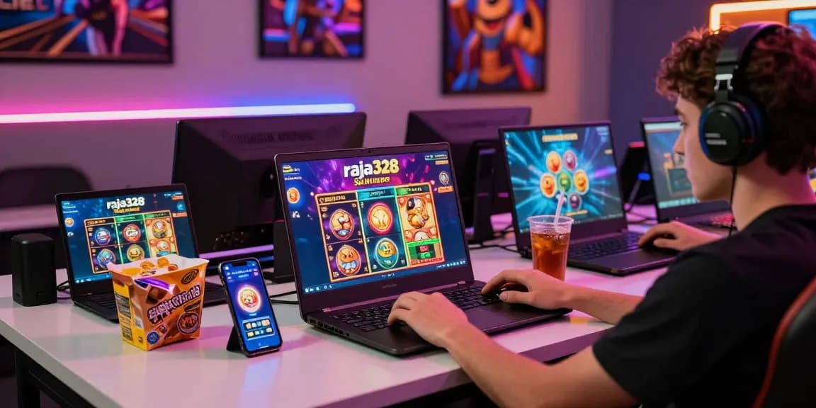 User playing slot games on raja328 situs platform with vibrant graphics and modern gaming setup.