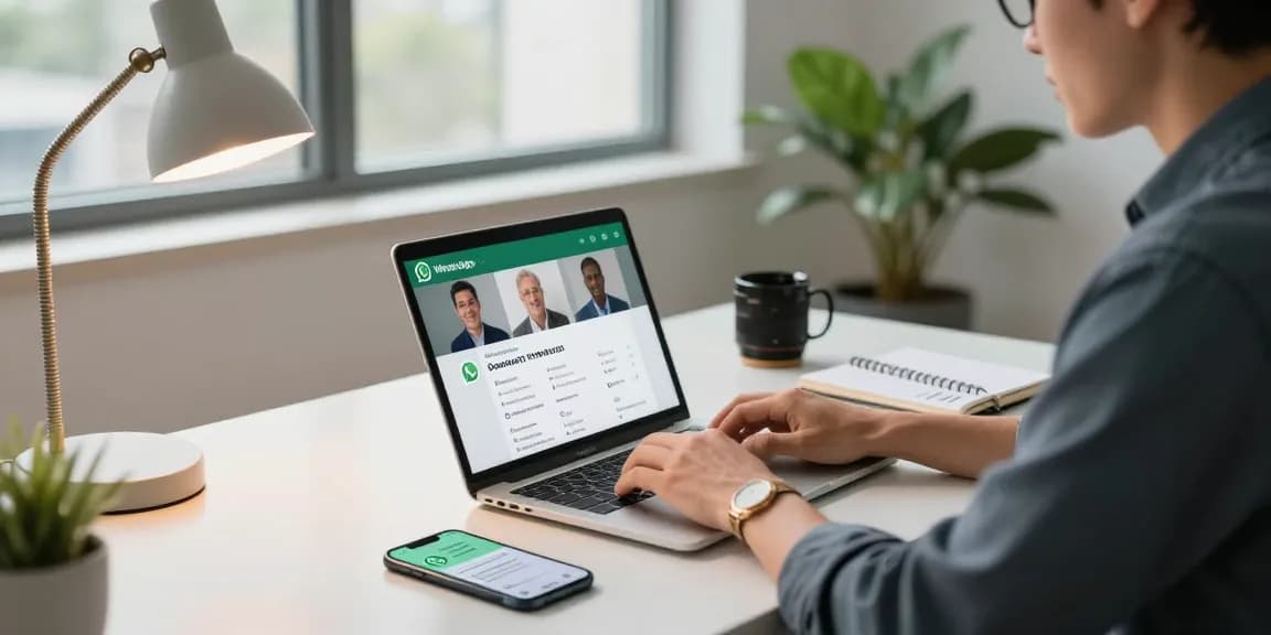 Professional using WhatsApp網頁版 in a modern workspace during a virtual meeting.