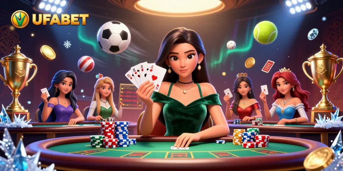 Experience strategic gameplay at UFABET with beautiful Asian woman at a luxury poker table, enriching your gambling adventure.