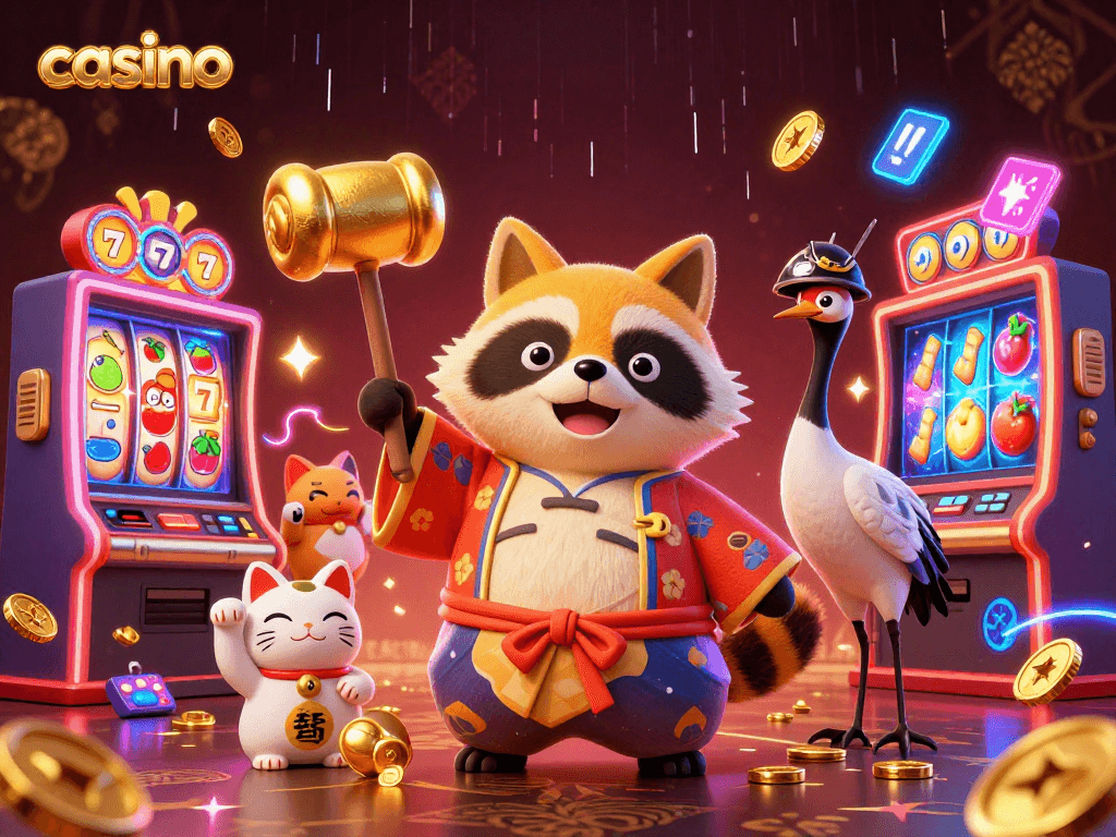 Experience lively casino action with a cheerful tanuki amidst colorful slot machines and lucky icons.