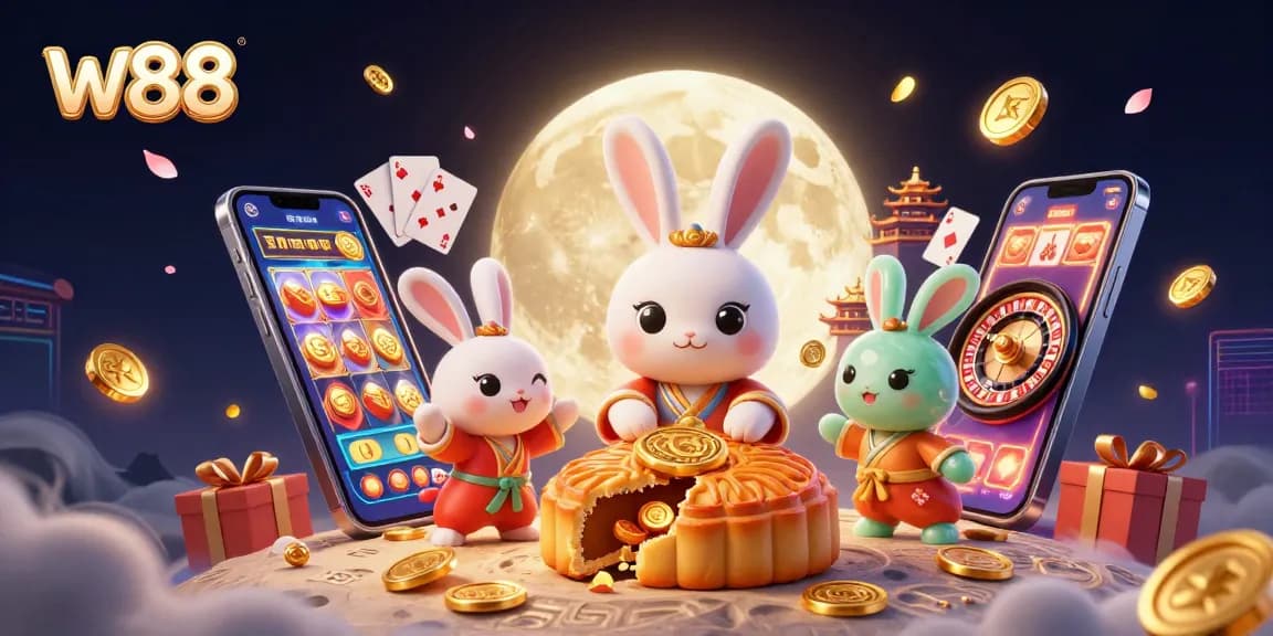 Cá cược tại w88 với hình ảnh thỏ trăng và các trò chơi casino đầy màu sắc, sinh động.