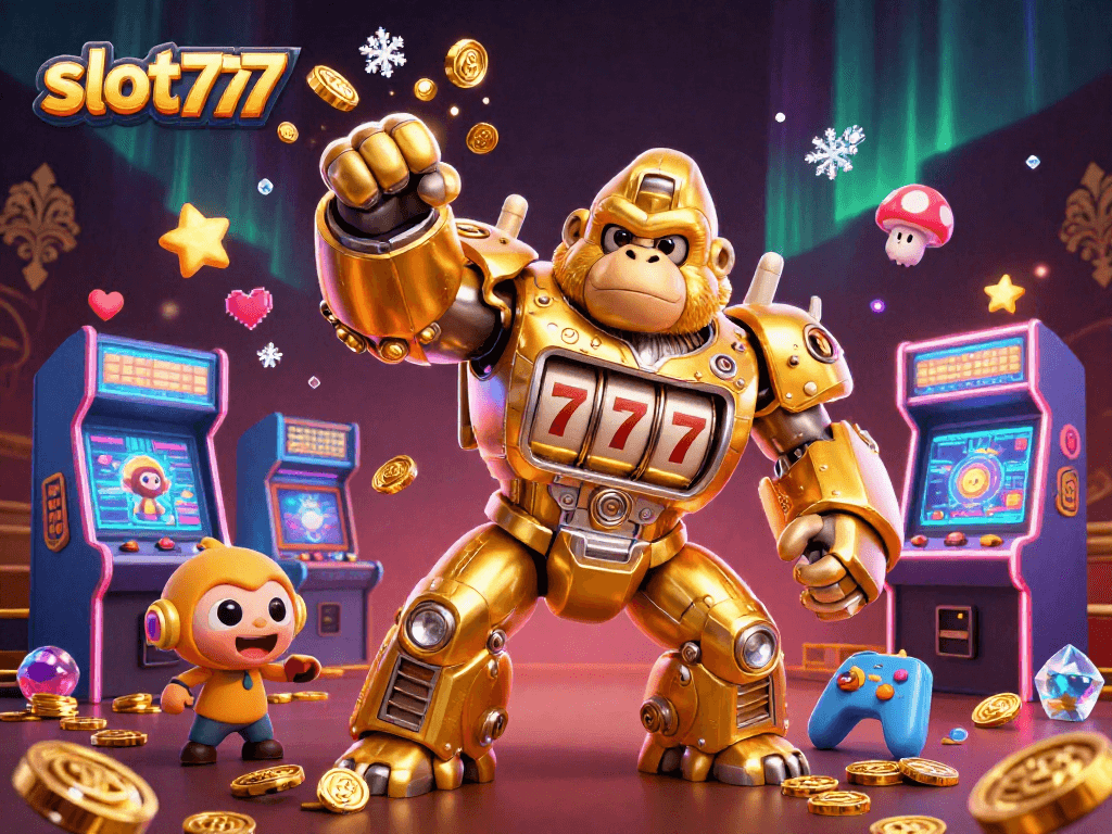 Experience the thrills of slot777 gaming with a dynamic scene featuring a golden mech and rich casino elements.