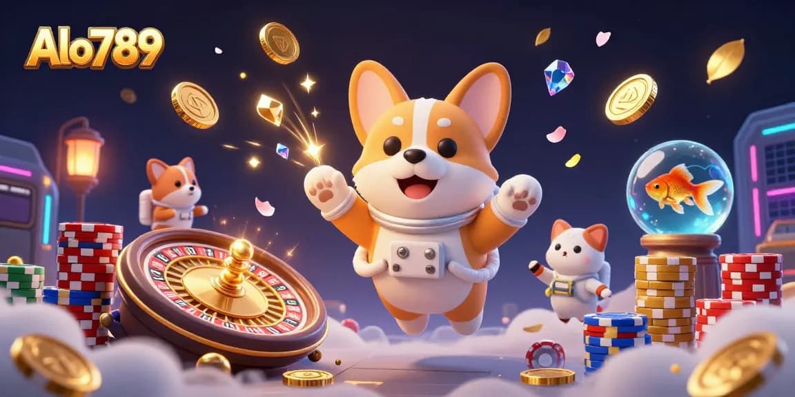 Alo789 highlights an engaging scene with a floating astronaut corgi, coins, and an animated casino environment.