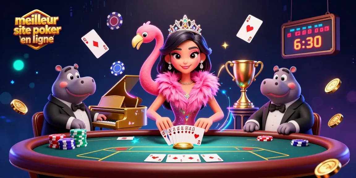 Profitez du meilleur site de poker en ligne avec une scène animée de poker incluant des personnages colorés et des éléments de jeu.