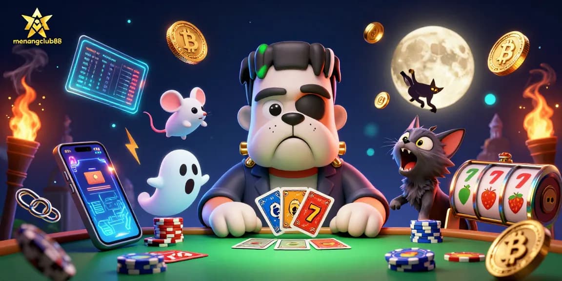 Experience the thrill at menangclub88 as a Frankenstein bulldog deals cards amidst crypto coins.