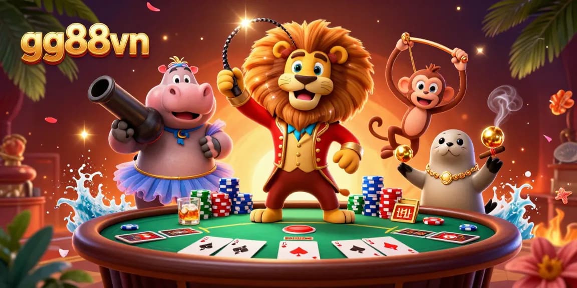 Experience the excitement of gg88vn with a vibrant 3D circus-themed casino illustration.
