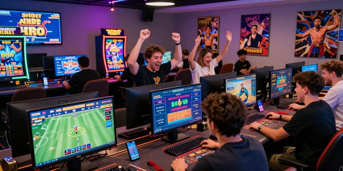 Engaged players at https://shbet.cruises/ celebrating online gaming victories in a vibrant atmosphere.
