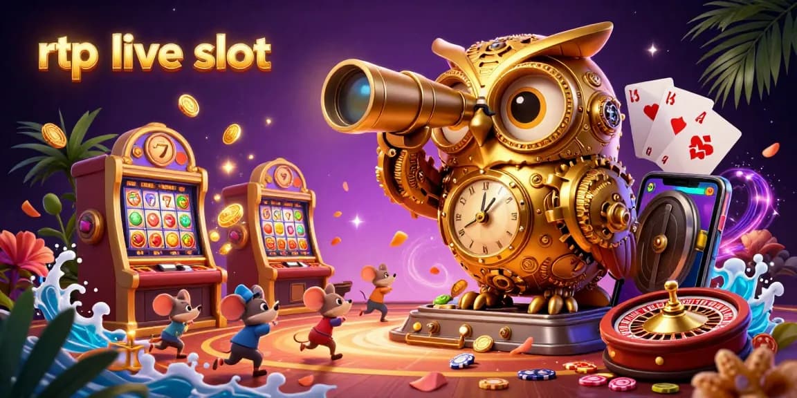 Engage with rtp live slot through a vibrant 3D casino scene featuring colorful games and animated characters.
