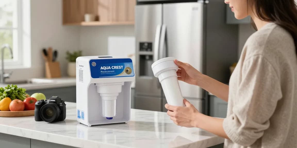 AQUA CREST Replacement for GE® RPWFE® water filter displayed in a modern kitchen, highlighting home health and convenience.