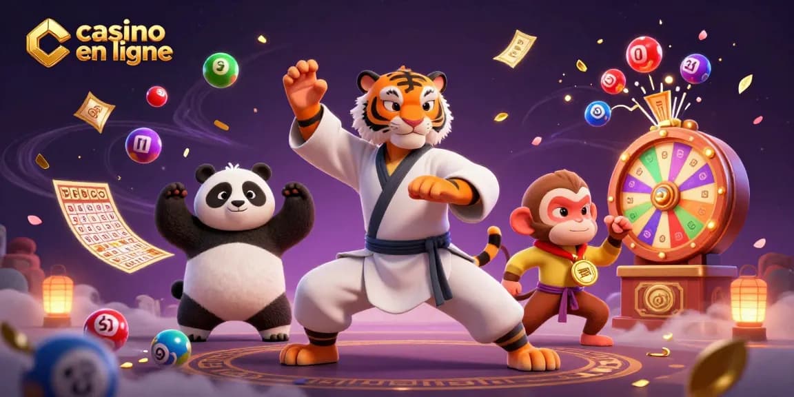 Jouez à un casino en ligne avec des personnages animés dans une scène dynamique entourée de jeux et de gains.