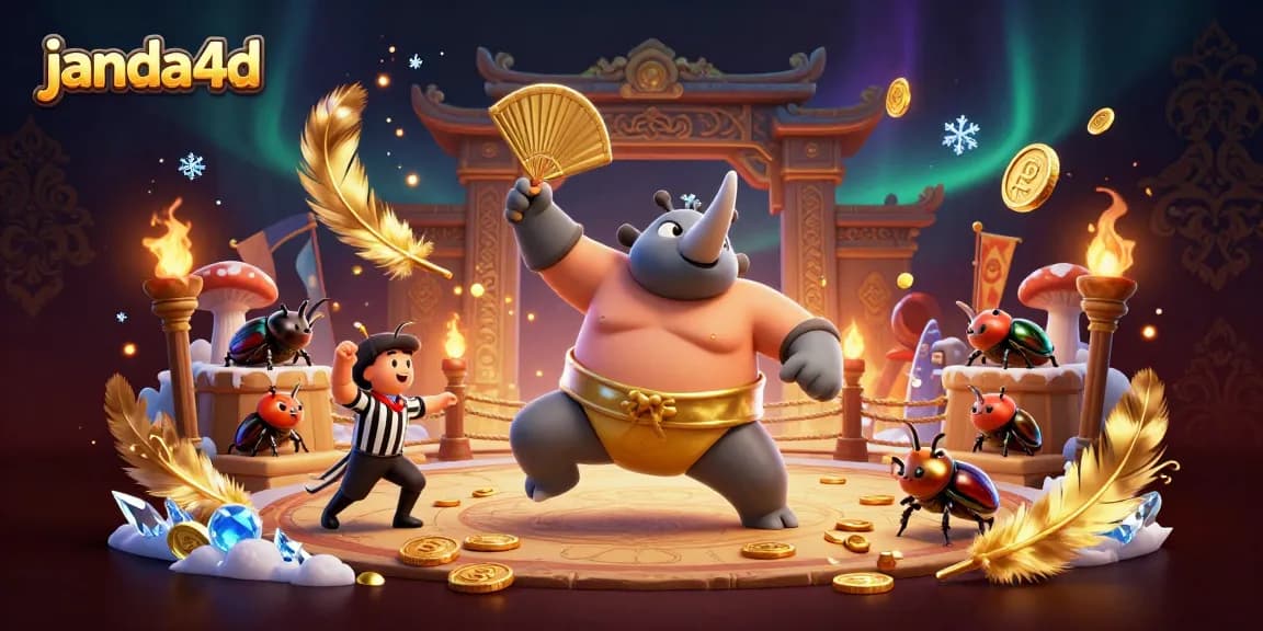 Gambarlah janda4d yang menampilkan kejuaraan sumo serangga dengan koin emas berterbangan.