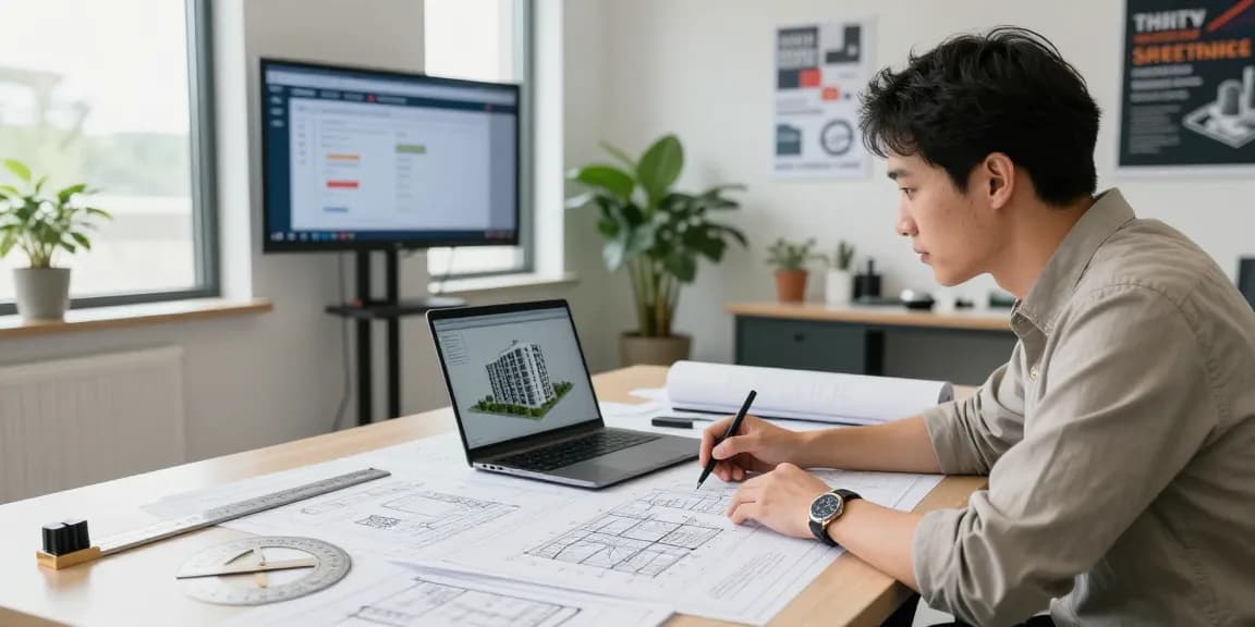 Engineer conducting a structural integrity assessment in Missouri, reviewing plans and technical drawings in a bright office.