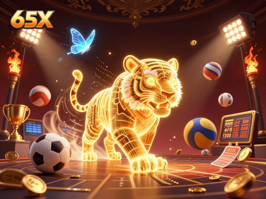 Aposte com 65X em uma cena vibrante de cassino digital com tigre dourado e elementos esportivos.