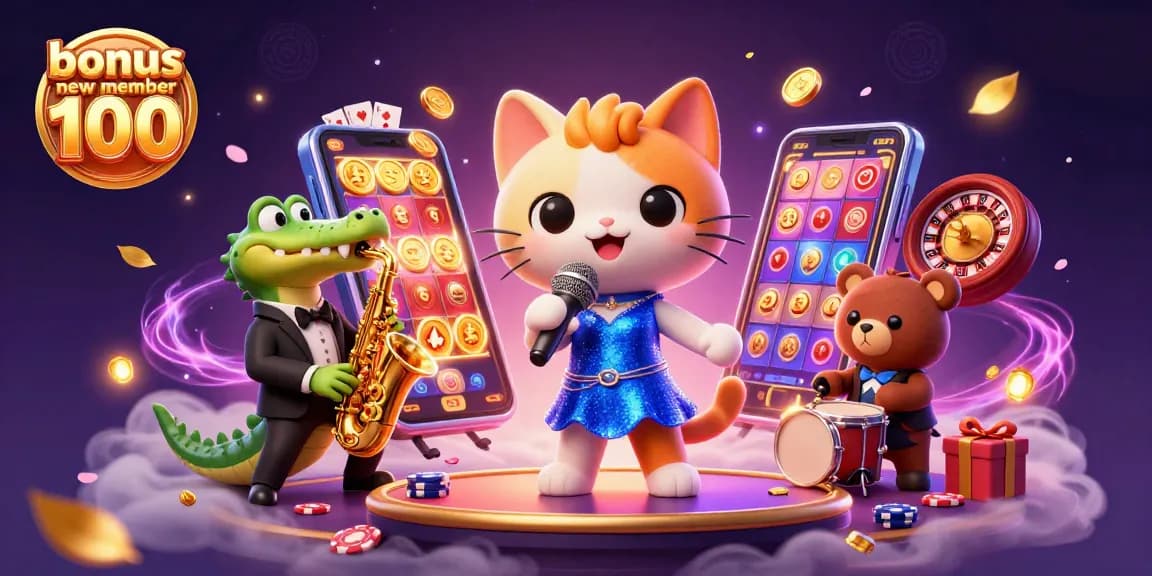 Engage with exciting games through bonus new member 100 offers in vibrant casino illustration.