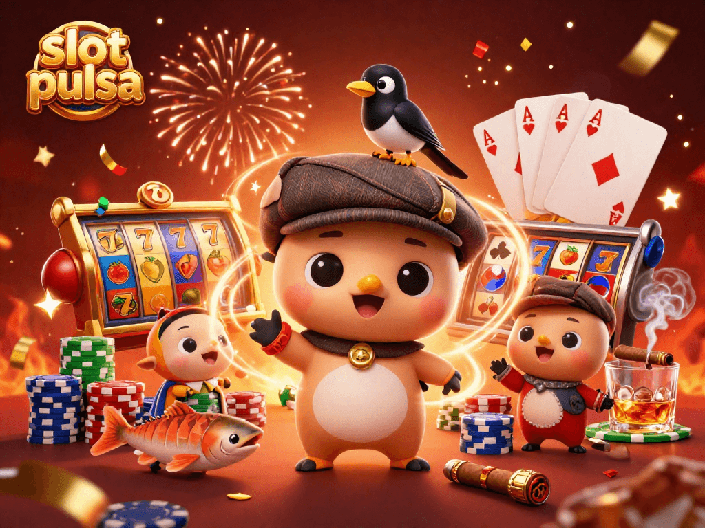 Engage in thrilling slot pulsa gameplay surrounded by vibrant slot reels and charming characters.