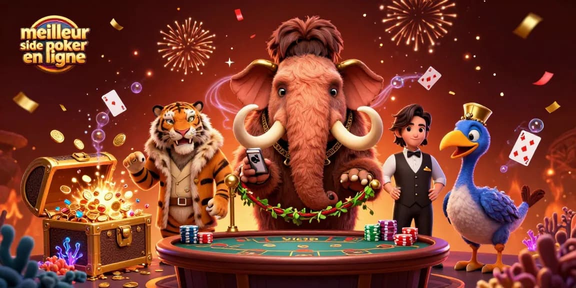 Jouez au meilleur site de poker en ligne avec une illustration dynamique de joueurs dans un casino cartoon animé.
