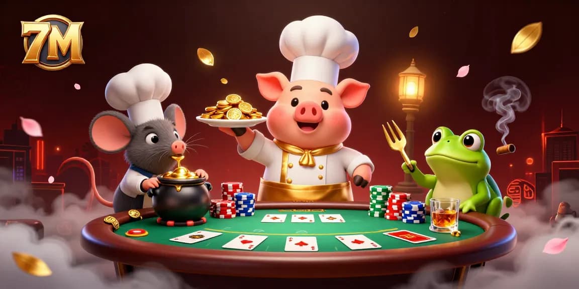 7M chef pig serving gold coins at a poker table, showcasing a vibrant casino scene.