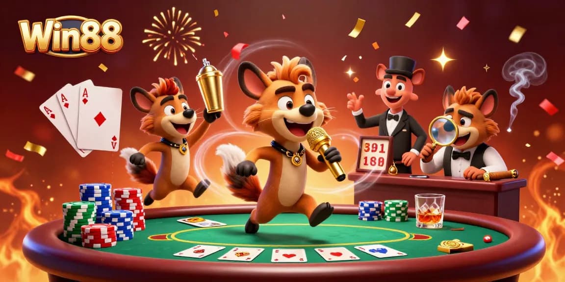 Experience the excitement of Win88 with lively hyenas in a vibrant casino scene.