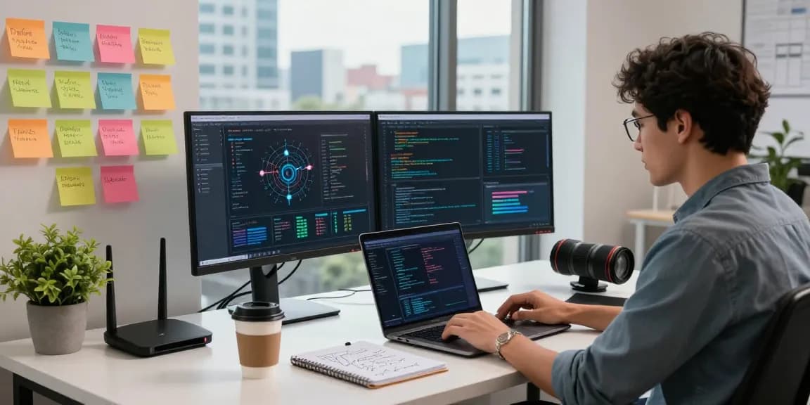 快连 network optimization tools showcased in a modern tech workspace with coding and connectivity visualizations.