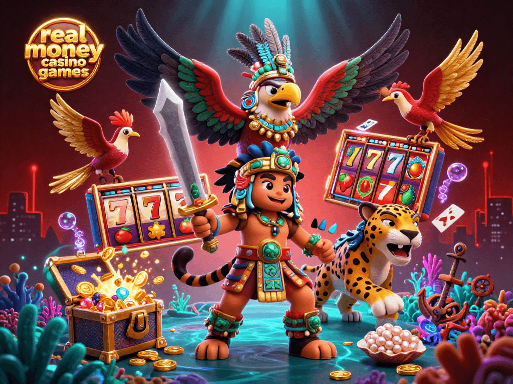 Engage in real money casino games with Aztec warriors, slot reels, and treasures in this vibrant 3D scene.
