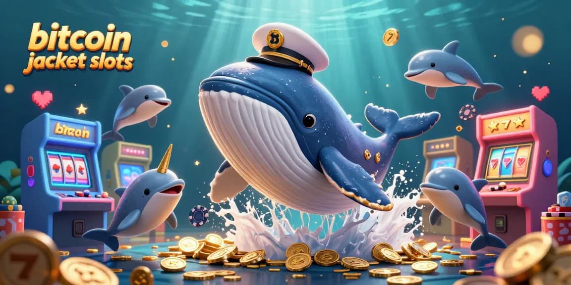 Witness a thrilling scene of bitcoin jackpot slots with a cartoon whale and playful dolphins amidst coins and gaming elements.