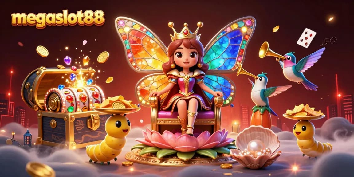 Engage with megaslot88 for exciting online gaming, featuring a stunning butterfly queen and vibrant casino elements.