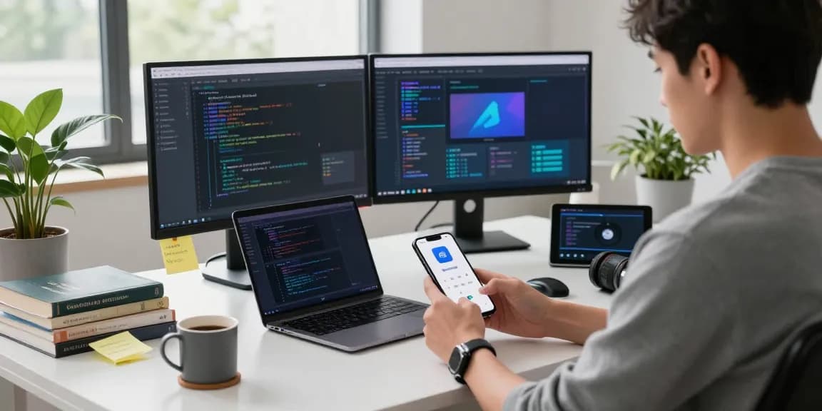 Tech user engaging with 纸飞机中文版 app in a modern workspace filled with gadgets and natural light.