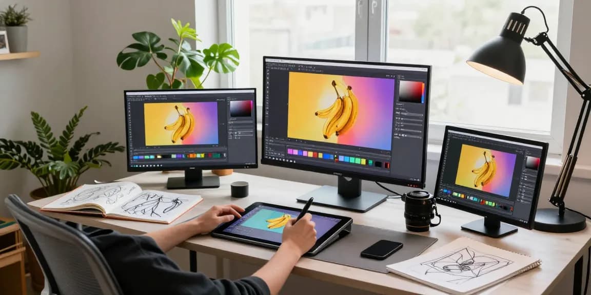 Creating with the nano banana 2 AI image editor in a modern art studio.