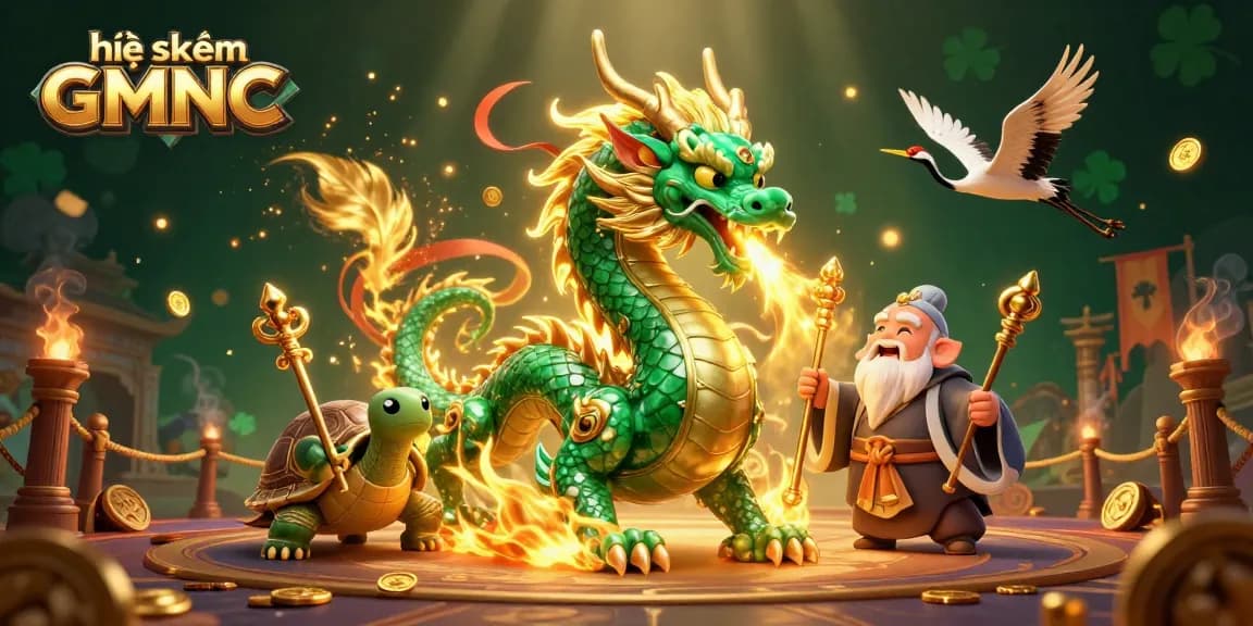 Enjoy thrilling gameplay with hệ thống GMNC, featuring a majestic dragon and lucky symbols in a vibrant casino scene.